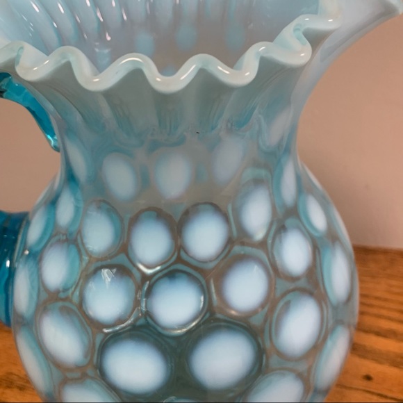 Vintage Opalescent Blue Coin Dot Ruffled Pitcher Collectible Glass - Picture 8 of 11